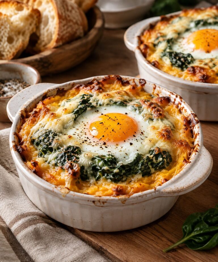 Vibrant Autumn Vegetable Mash Casserole with Creamed Spinach and Baked Eggs