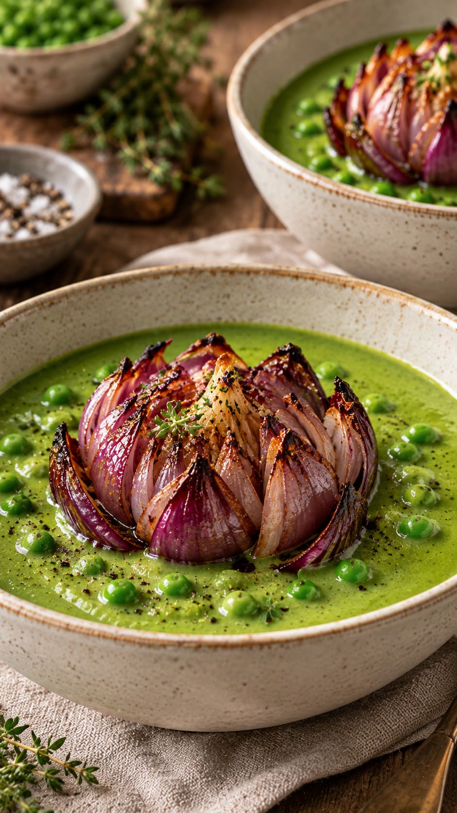 Vibrant Green Pea Soup with Roasted Purple Onion Blossom Crowns Vibrant Green Pea Soup with Roasted Purple Onion Blossom Crowns