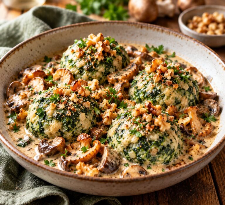 Elite Artisan Alpine Spinach Dumplings with Cloud-Soft Brioche Mattress, Velvet Forest Fungi Cushion and Crunchy Walnut Armor