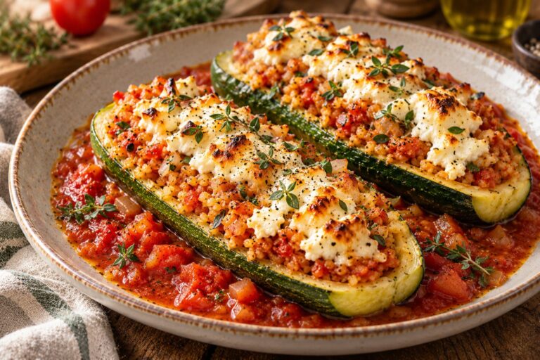 Elite Artisan Baked Stuffed Zucchini with Fluffy Grain Mattress, Rich Tomato Reduction and Blistered Feta Armor Elite Artisan Baked Stuffed Zucchini with Fluffy Grain Mattress, Rich Tomato Reduction and Blistered Feta Armor