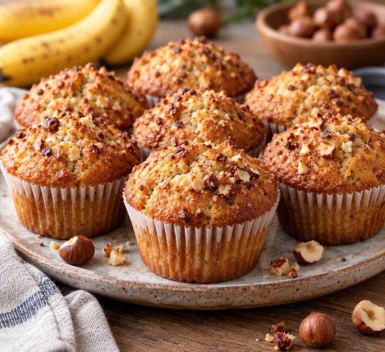 Elite Artisan Banana Hazelnut Muffins with Fluffy Velvet Mattress, Tropical Mash Cushion and Blistered Roasted Nut Armor