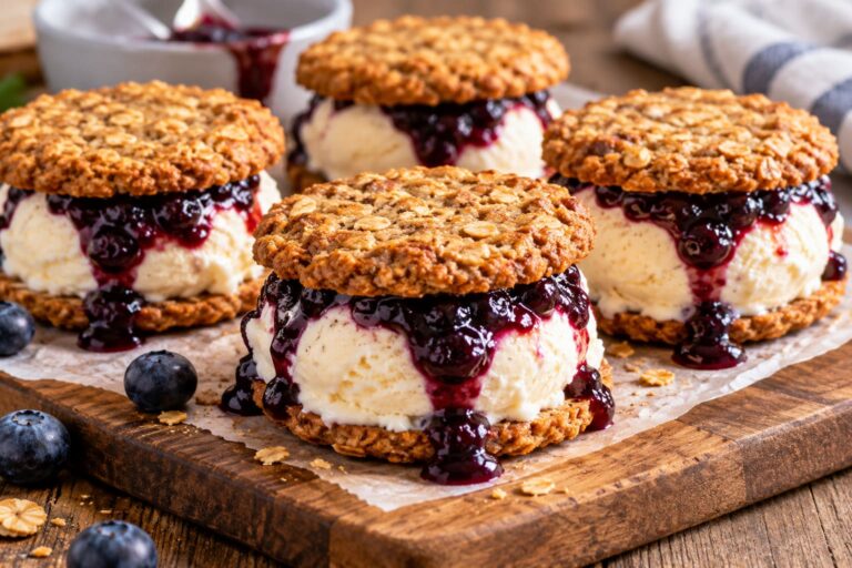 Elite Artisan Blueberry Ice Cream Sandwiches with Crunchy Oat Mattress, Velvet Vanilla Cushion and Shimmering Indigo Glaze Armor Elite Artisan Blueberry Ice Cream Sandwiches with Crunchy Oat Mattress, Velvet Vanilla Cushion and Shimmering Indigo Glaze Armor