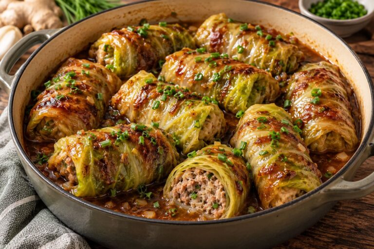 Elite Artisan Cabbage Rolls with Vibrant Leaf Mattress, Pork Rice-Noodle Cushion and Ginger Soy Armor Elite Artisan Cabbage Rolls with Vibrant Leaf Mattress, Pork Rice-Noodle Cushion and Ginger Soy Armor