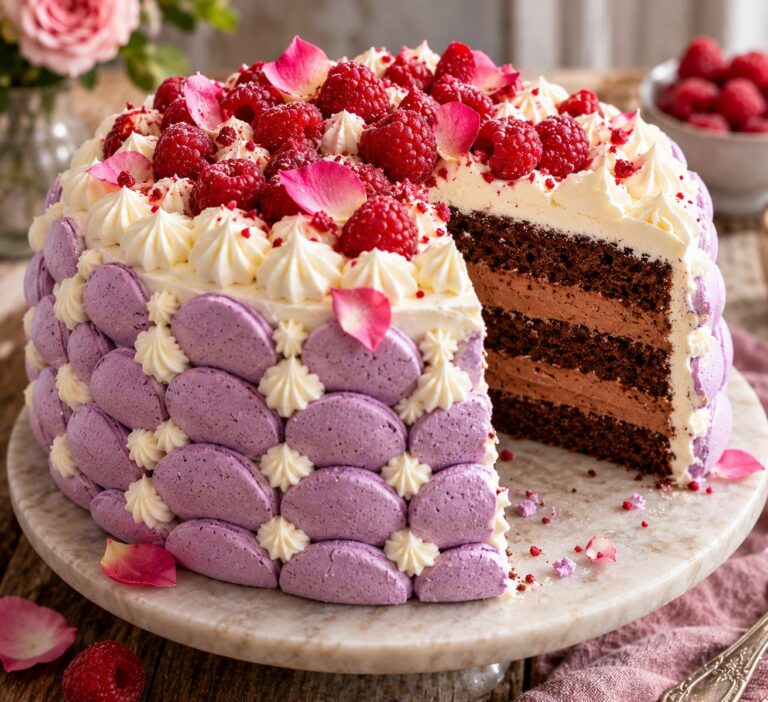 Elite Artisan Chocolate Meringue Layer Cake with Triple-Decked Velvet Mattress, Dark Cocoa Cream and Purple Shell Armor Elite Artisan Chocolate Meringue Layer Cake with Triple-Decked Velvet Mattress, Dark Cocoa Cream and Purple Shell Armor
