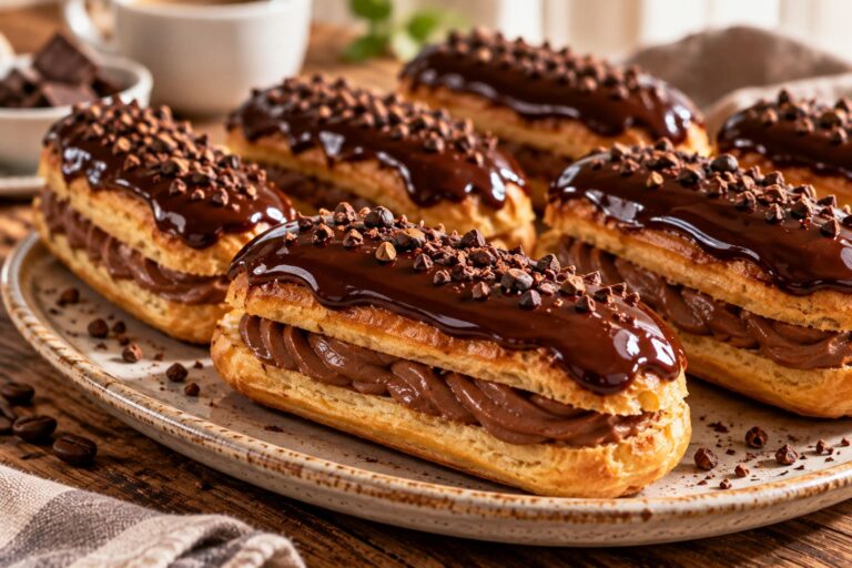 Elite Artisan Coffee & Chocolate Éclairs with Brandished Choux Pastry Mattress, Velvet Ivory Cocoa Icing Cushion and Glossy Espresso Armor