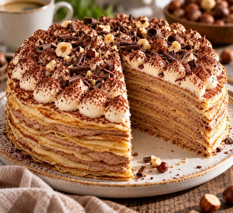 Elite Artisan Crêpe Cake with Soft Swirled Egg Mattress, Velvet Gianduja Espresso Cushion and Whipped Cream Armor