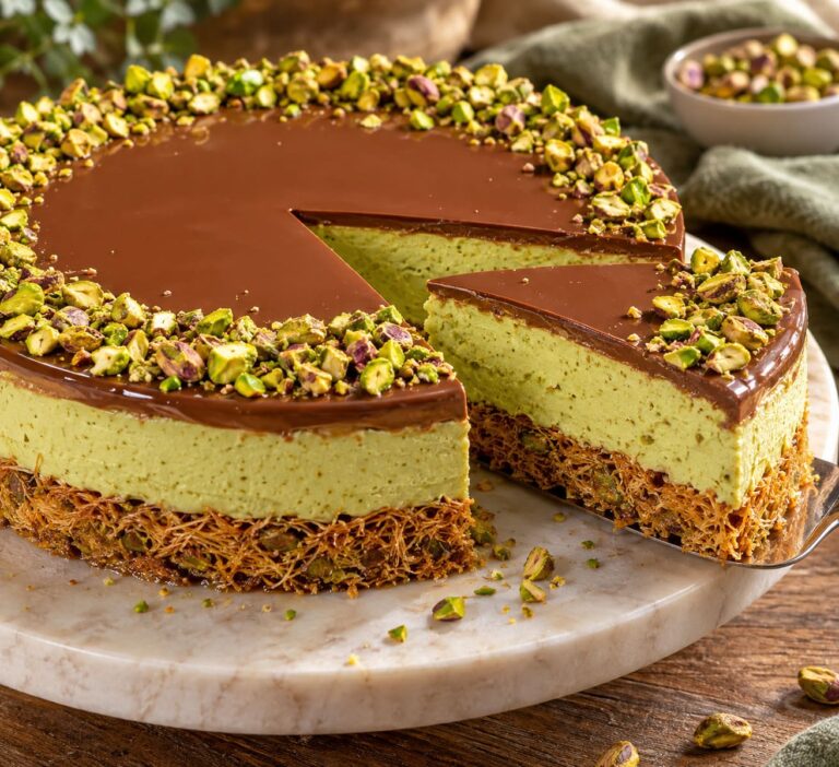 Elite Artisan Dubai Cheesecake with Shatteringly Crunchy Kadayif Mattress, Velvet Pistachio Sesame Cream and Milk Chocolate Ganache Armor Elite Artisan Dubai Cheesecake with Shatteringly Crunchy Kadayif Mattress, Velvet Pistachio Sesame Cream and Milk Chocolate Ganache Armor