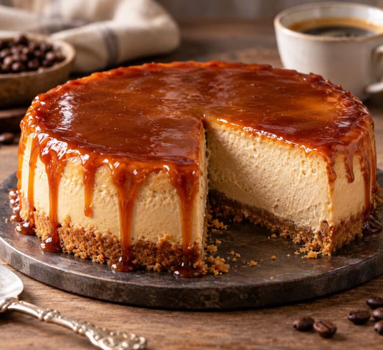 Elite Artisan Espresso Cheesecake with Crunchy Shortbread Mattress, Velvet Coffee Custard Cushion and Molten Caramel Drip Armor