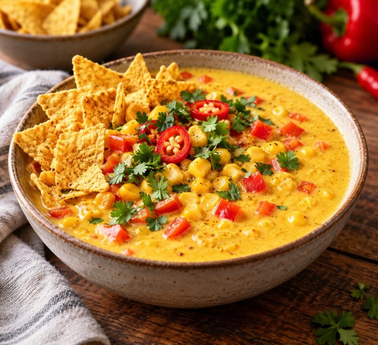 Elite Artisan Golden Corn Curry Soup with Velvet Cream Mattress, Crispy Pepper Cushion and Crunchy Tortilla Armor