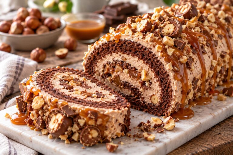 Elite Artisan Hazelnut Caramel Swiss Roll with Fluffy Chocolate Mattress, Velvet Nougat Cushion and Crunchy Praline Candy Armor