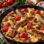 Elite Artisan Loaded Ultimate Breakfast Skillet with Fluffy Egg Mattress, Crispy Bacon Flags, Seared Nuremberg Sausages and Gold-Toasted Crouton Armor