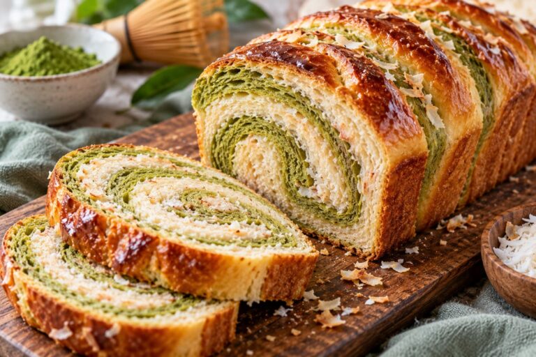 Elite Artisan Marbled Green Tea Coconut Loaf with Double-Stream Yeast Mattress and Shiny Glaze Armor
