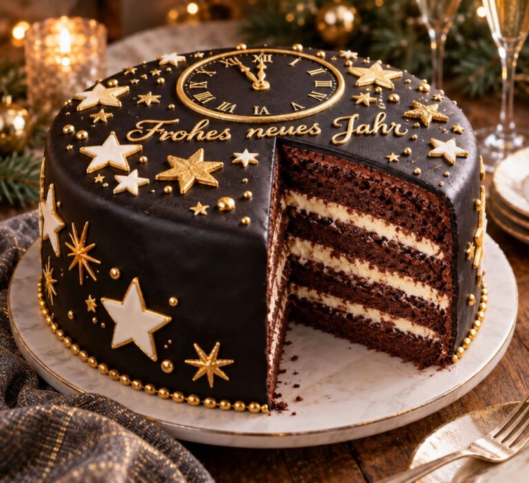 Elite Artisan New Year Celebration Cake with Four-Tiered Cacao Mattress, Velvet Cream Cushion and Onyx Fondant Armor Elite Artisan New Year Celebration Cake with Four-Tiered Cacao Mattress, Velvet Cream Cushion and Onyx Fondant Armor