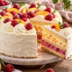 Elite Artisan Peach Melba Celebration Cake with Velvet Quark Foam, Ruby Raspberry Coulis and Fluffy Cream Armor