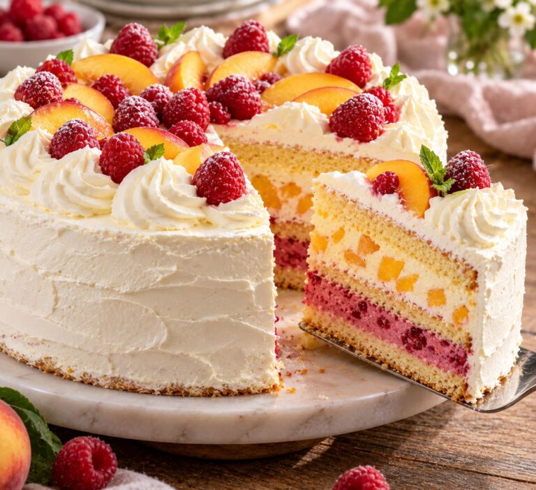 Elite Artisan Peach Melba Celebration Cake with Velvet Quark Foam, Ruby Raspberry Coulis and Fluffy Cream Armor Elite Artisan Peach Melba Celebration Cake with Velvet Quark Foam, Ruby Raspberry Coulis and Fluffy Cream Armor