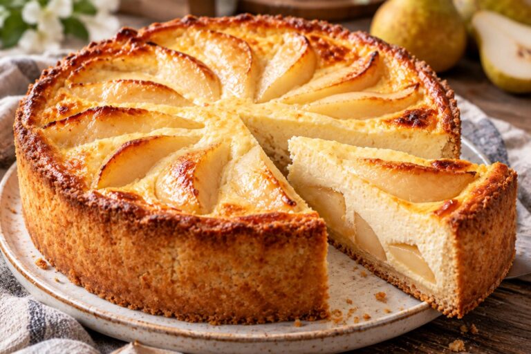 Elite Artisan Pear Cheesecake with Brittle Shortcrust Chassis, Velvet Vanilla Quark Mattress and Glistening Orchard Armor
