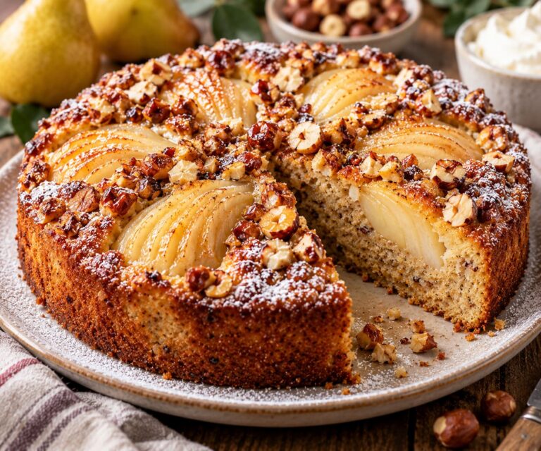 Elite Artisan Pear Hazelnut Cake with Brittle Tuber Mattress, Whole Roasted Kernel Cushion and Blistered Autumn Armor