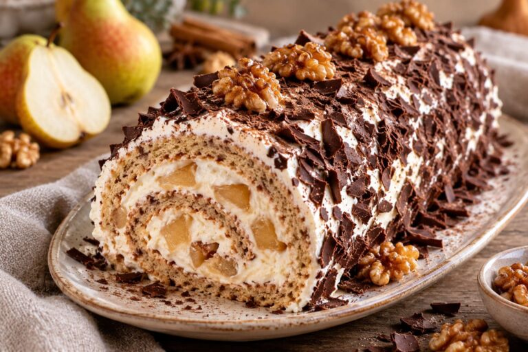 Elite Artisan Pear Nut Swiss Roll with Fluffy Walnut Mattress, Spiced Wine Fruit Cushion and Velvet White Cream Armor