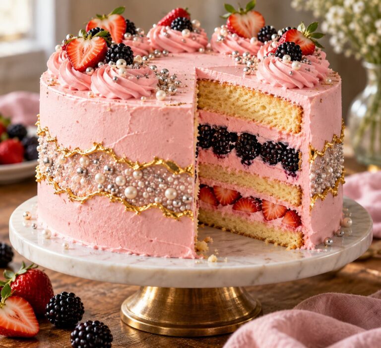 Elite Artisan Seismic Fault Line Cake with Triple-Decked Vanilla Sponge Mattress, Pink Meringue Buttercream and Gilded Metallic Crust Armor